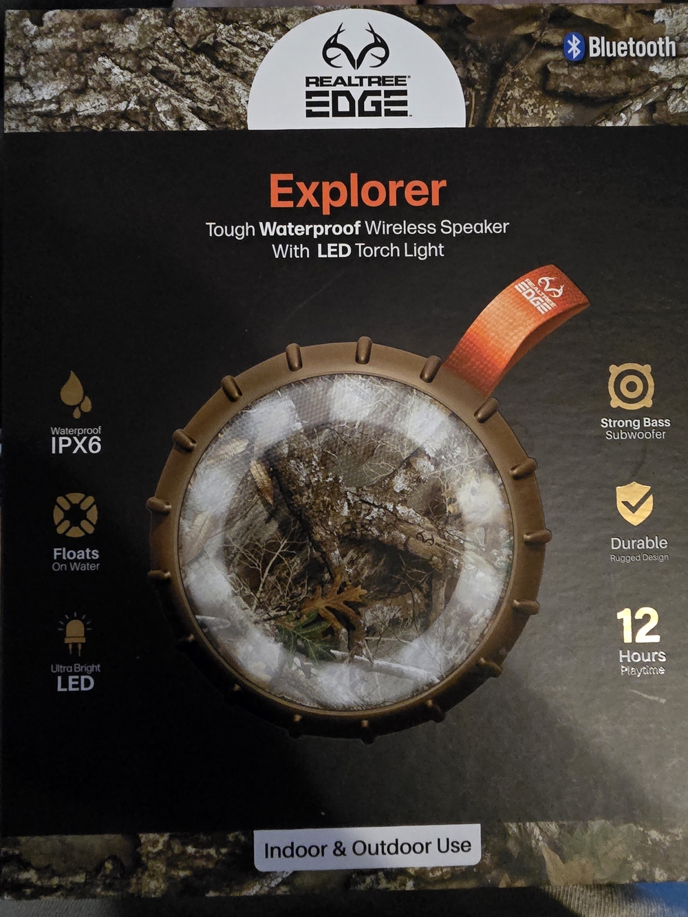 Realtree Bluetooth Speaker in Camo with Orange Carry Loop